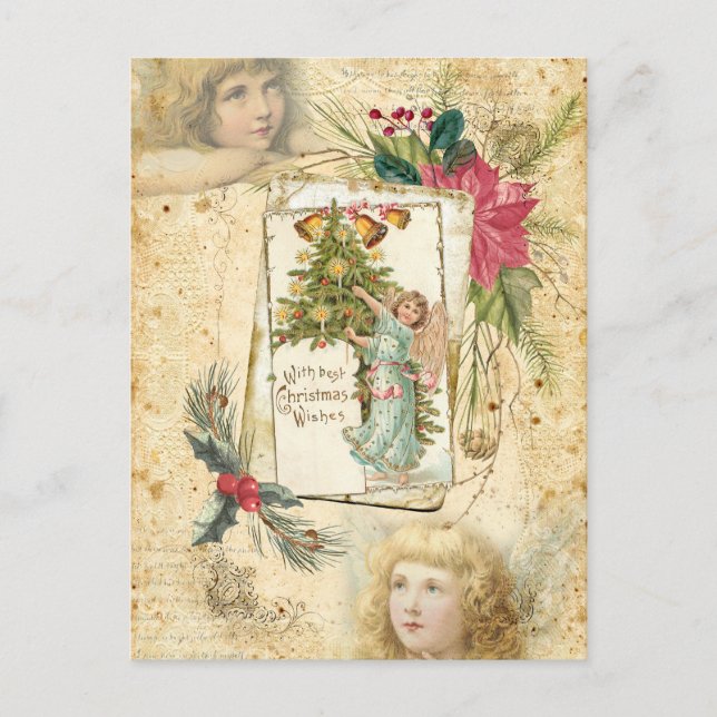 Vintage Christmas Angels, Holly & Poinsettias Holiday Postcard (Front)