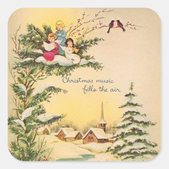 Vintage Christmas Angels In Tree Square Sticker (Front)