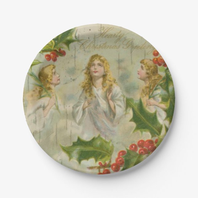 Vintage Christmas Angels with Wreath Paper Plate (Front)