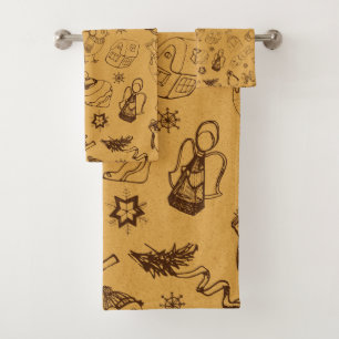 vintage christmas animals and bird hand drawn bath towel set