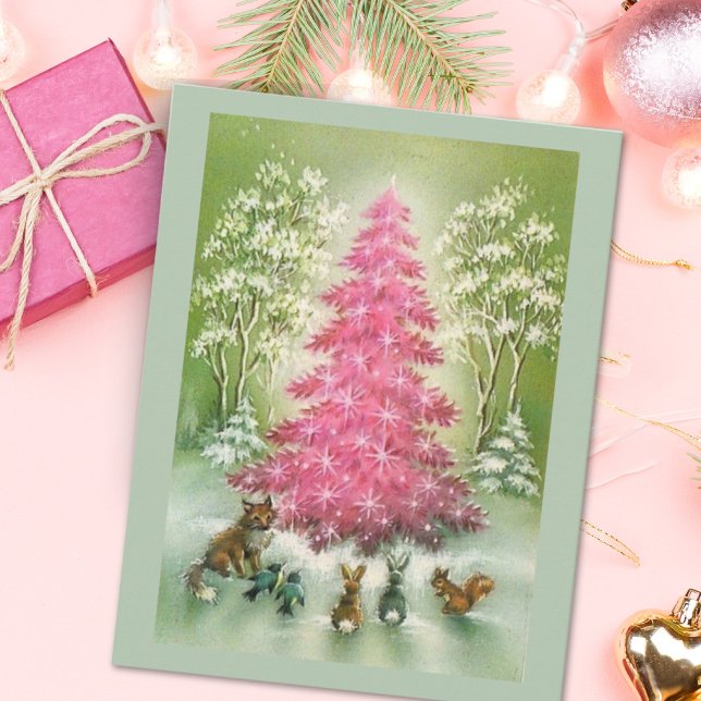Vintage Christmas Animals Around pink tree Holiday Card (Creator Uploaded)