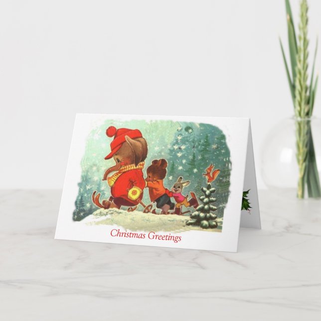 Vintage  Christmas,  Animals learning to ski Holiday Card (Front)
