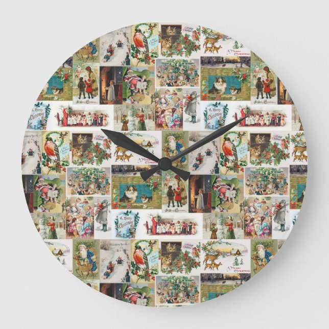 Vintage Christmas Antique Collage Xmas Large Clock (Front)