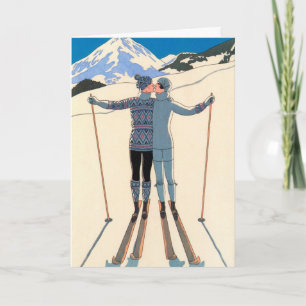 Vintage Christmas Art Deco, Love Romance Kiss Skis Holiday Card