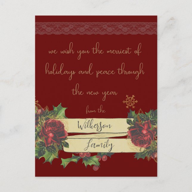 Vintage Christmas Art on Burgundy Holiday Postcard (Front)