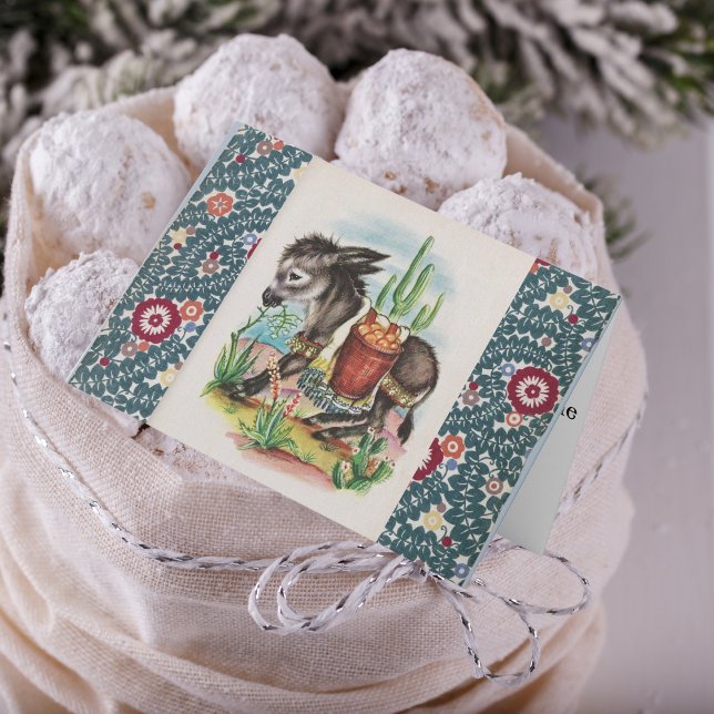 Vintage Christmas Baby Donkey Cactus Succulents Holiday Card (Mexican Christmas Card)