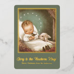 Vintage Christmas Baby Jesus with Lamb Foil Holiday Card<br><div class="desc">Vintage style Glory to the Newborn King Quote Christmas baby Jesus sleeping with a lamb flat card. Text and frame are real foil and can be changed to gold,  silver or rose gold colour. Add your own family name and send this beautiful card out for the holidays.</div>