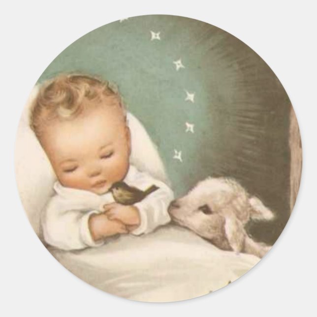 Vintage Christmas Baby With Lamb Classic Round Sticker (Front)