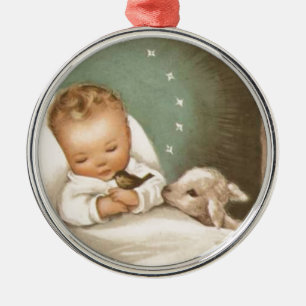 Vintage Christmas Baby With Lamb Metal Tree Decoration