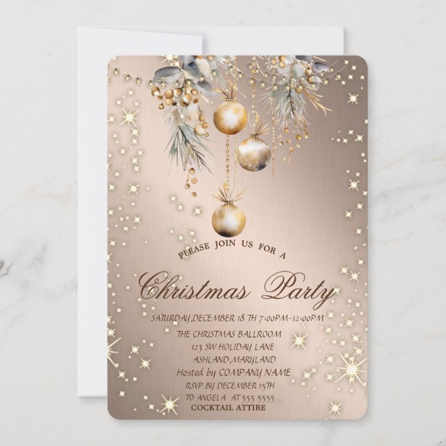 Vintage Christmas Balls Rose Gold Christmas  Invitation (Front)