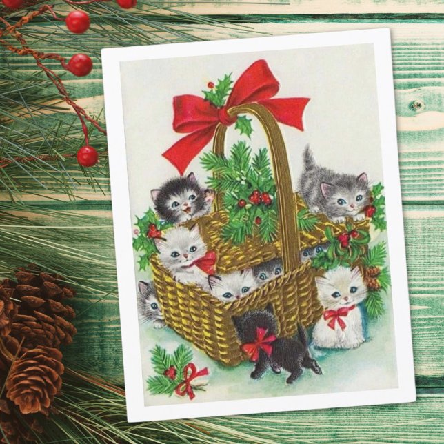 Vintage Christmas Basket Full Of Kittens Holiday Card (Creator Uploaded)