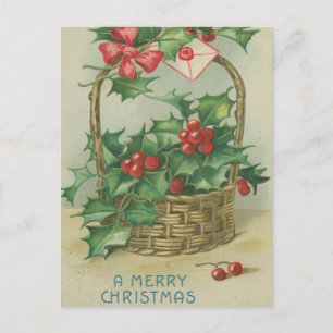 Vintage Christmas Basket with Holly Holiday Postcard