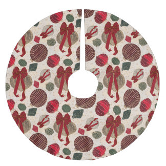 Vintage Christmas Baubles & Red Bows Cream Brushed Polyester Tree Skirt