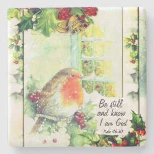 Vintage Christmas "Be Still and Know" Bible Verse Stone Coaster
