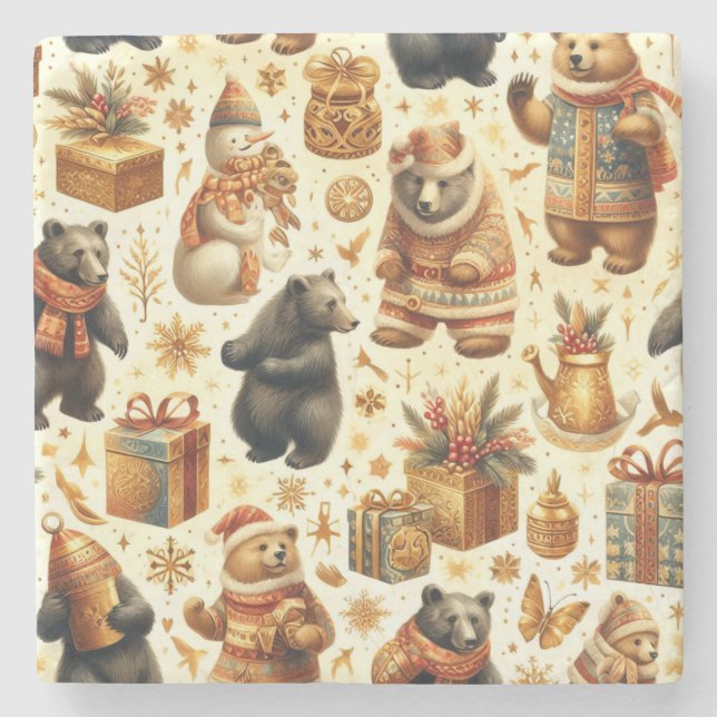 Vintage Christmas Bear Stone Coaster (Front)