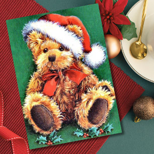 Vintage Christmas Bear Wearing Santa Hat Holiday Card