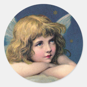 Vintage Christmas, Beautiful Angel with Gold Stars Classic Round Sticker