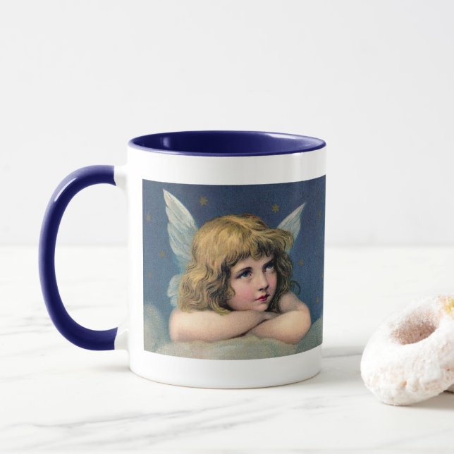 Vintage Christmas, Beautiful Angel with Gold Stars Mug (With Donut)