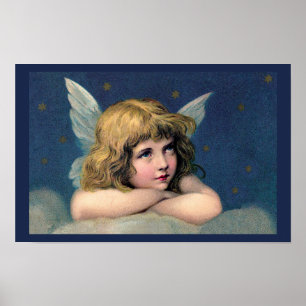 Vintage Christmas, Beautiful Angel with Gold Stars Poster