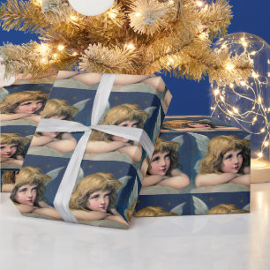 Vintage Christmas, Beautiful Angel with Gold Stars Wrapping Paper