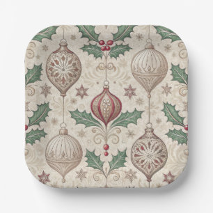 Vintage Christmas Beige Bauble Paper Plate