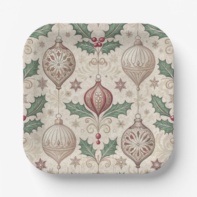 Vintage Christmas Beige Bauble Paper Plate (Front)