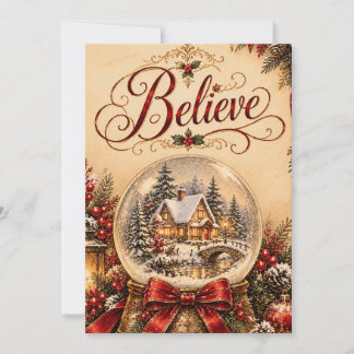 Vintage Christmas Believe Snow Globe Holiday Card