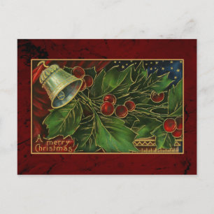 Vintage Christmas Bell and Holly Holiday Postcard