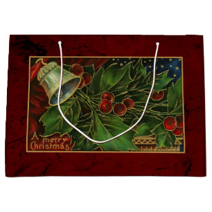 Vintage Christmas Bell and Holly Large Gift Bag