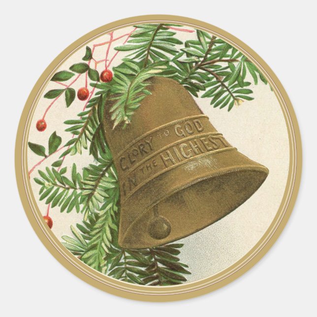 Vintage Christmas Bell (Evergreen) Gold Classic Round Sticker (Front)