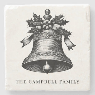 Vintage Christmas Bell Family Name Stone Coaster