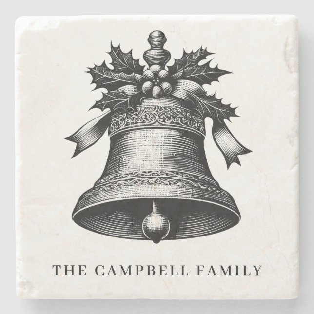 Vintage Christmas Bell Family Name Stone Coaster (Front)