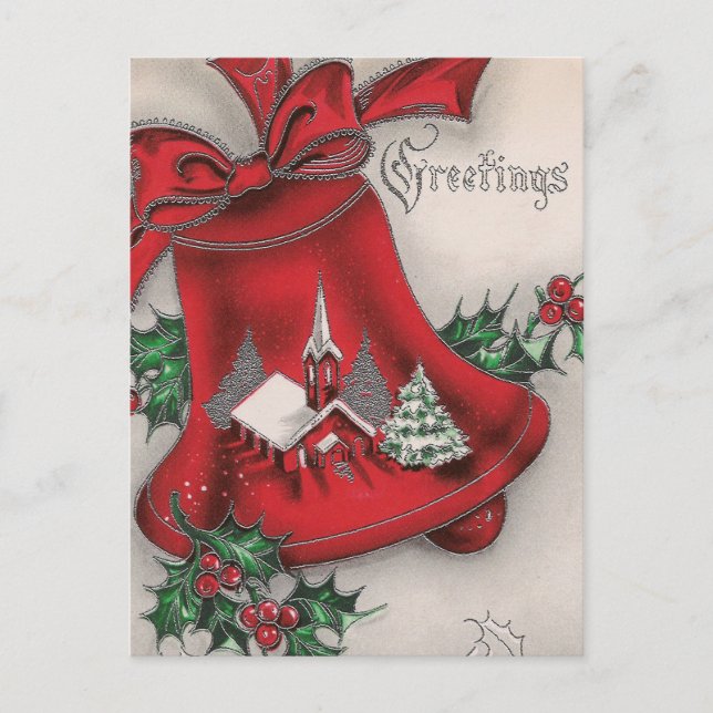 Vintage Christmas bell Holly Church postcard (Front)