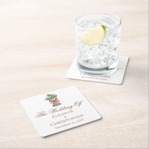 Vintage Christmas Bell Minimalist Holiday Wedding Square Paper Coaster
