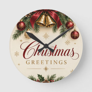 Vintage Christmas Bell Pine Branch Christmas style Round Clock