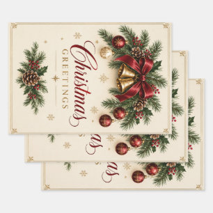 Vintage Christmas Bell Pine Branch Christmas style Wrapping Paper Sheet