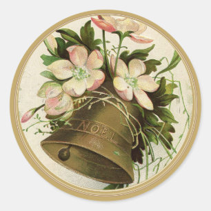 Vintage Christmas Bell (Pink Floral) Gold Classic Round Sticker