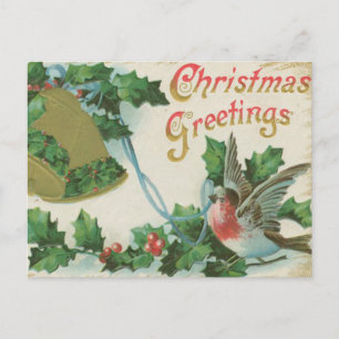 Vintage Christmas Bells and Bird Holiday Postcard