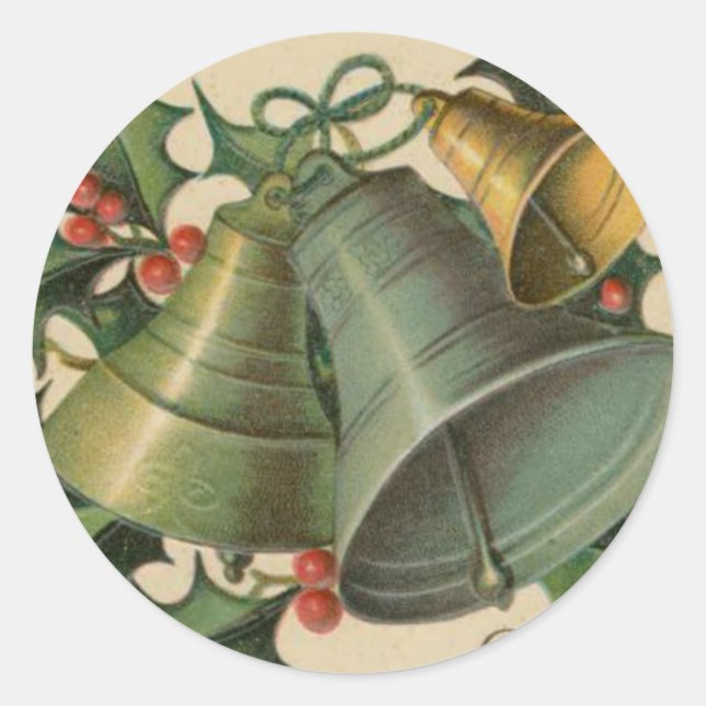 Vintage Christmas Bells and Holly Classic Round Sticker (Front)