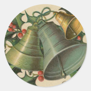 Vintage Christmas Bells and Holly Classic Round Sticker