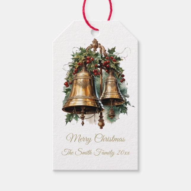Vintage Christmas Bells And Holly Gift Tag (Front)