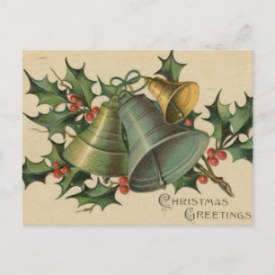 Vintage Christmas Bells and Holly Holiday Postcard