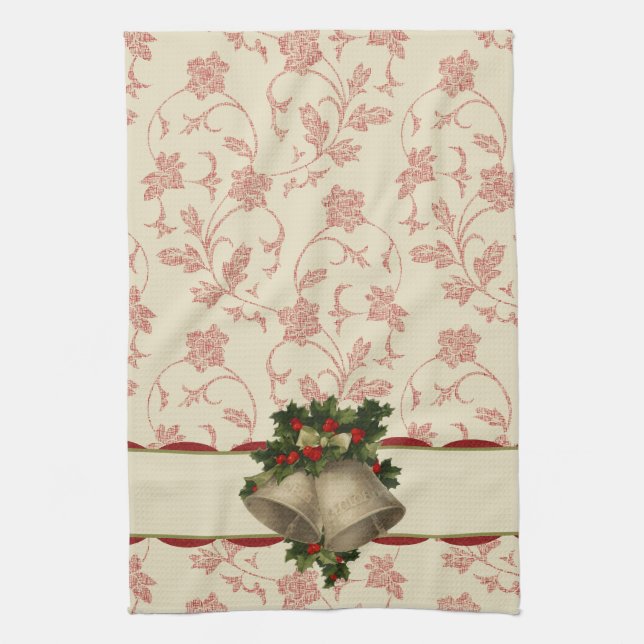 Vintage Christmas Bells and Holly Kitchen Towel (Vertical)
