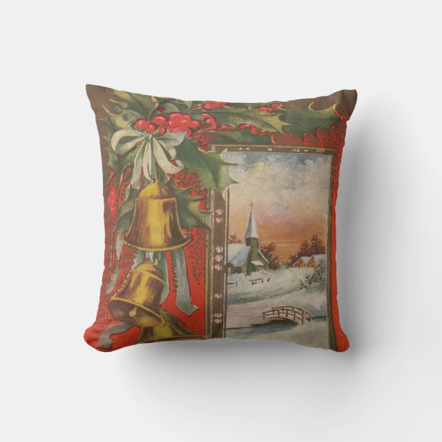 Vintage Christmas Bells and Winter Village Cushion (Front)