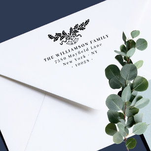 Vintage Christmas Bells Botanical Return Address Rubber Stamp