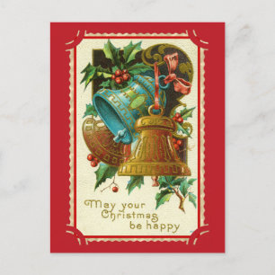 Vintage Christmas Bells Holly Antique Victorian Postcard