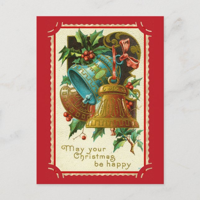Vintage Christmas Bells Holly Antique Victorian Postcard (Front)
