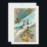 Vintage Christmas Bells, Holly & Church in Winter Holiday Card<br><div class="desc">Nostalgic and charming Victorian Christmas card illustration featuring diagonal vignette of a rustic church among snow-covered trees,  holly,  brass bell with ribbon and A Joyful Christmas text. Background color is customizable. Back features complementary optional holly graphic with editable text fields.</div>