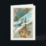 Vintage Christmas Bells, Holly & Church in Winter Holiday Card<br><div class="desc">Nostalgic and charming Victorian Christmas card illustration featuring diagonal vignette of a rustic church among snow-covered trees,  holly,  brass bell with ribbon and A Joyful Christmas text. Background colour is customisable. Inside features complementary optional holly graphic with editable text fields.</div>