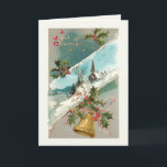 Vintage Christmas Bells, Holly & Church in Winter Holiday Card<br><div class="desc">Nostalgic and charming Victorian Christmas card illustration featuring diagonal vignette of a rustic church among snow-covered trees,  holly,  brass bell with ribbon and A Joyful Christmas text. Background colour is customisable. Inside features complementary optional holly graphic with editable text fields.</div>